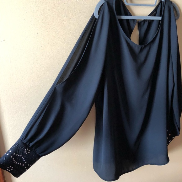 Long Sleeve Cold Shoulder Blouse with Dazzled Cuff - Picture 2 of 4